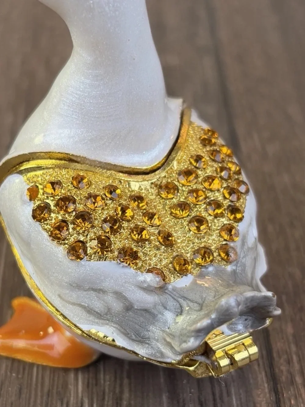 Enamel & Rhinestone Hinged White & Orange Duck Jewelry Pill Trinket Box Jeweled